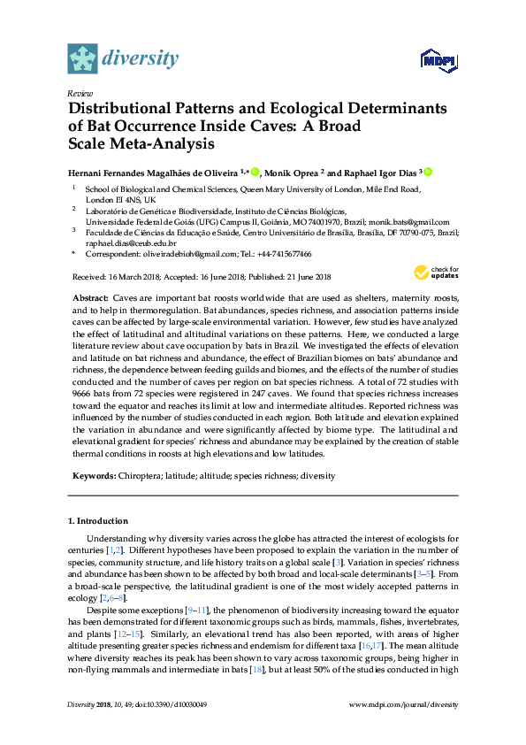 First page of “Distributional Patterns and Ecological Determinants of Bat Occurrence Inside Caves: A Broad Scale Meta-Analysis”