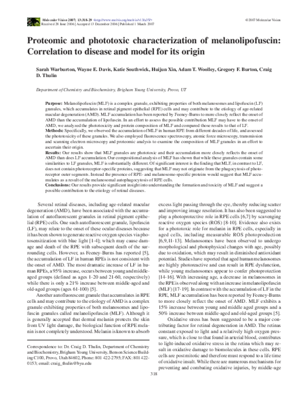 First page of “Proteomic and phototoxic characterization of melanolipofuscin: correlation to disease and model for its origin”