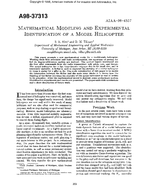 First page of “Mathematical modeling and experimental identification of a model helicopter”