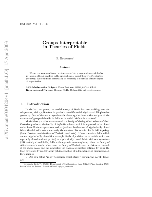 First page of “Groups Interprétable in Theories of Fields”