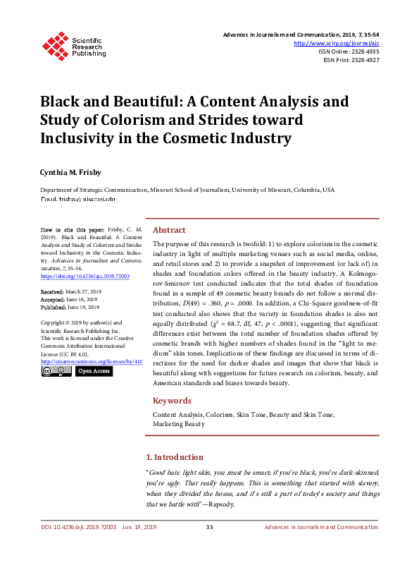 First page of “Black and Beautiful: A Content Analysis and Study of Colorism and Strides toward Inclusivity in the Cosmetic Industry”