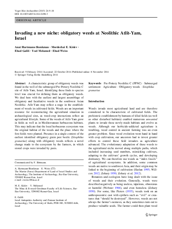 First page of “Invading a new niche: obligatory weeds at Neolithic Atlit-Yam, Israel”