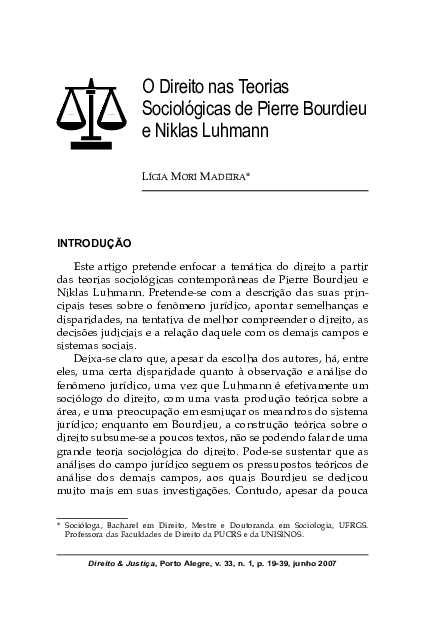 First page of “O Direito nas Teorias Sociológicas de Pierre Bourdieu e Niklas Luhmann”