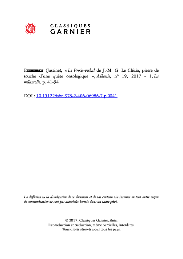 First page of “Le Procès-verbal de J.M.G. Le Clézio, pierre de touche d'une quête ontologique”