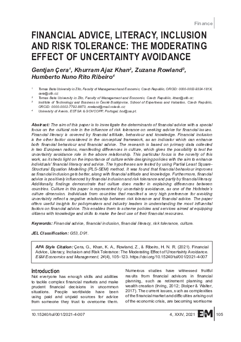 First page of “Financial Advice, Literacy, Inclusion and Risk Tolerance: The Moderating Effect of Uncertainty Avoidance”