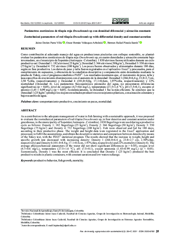 First page of “Parámetros zootécnicos de tilapia roja Oreochromis sp con densidad diferencial y aireación constante”