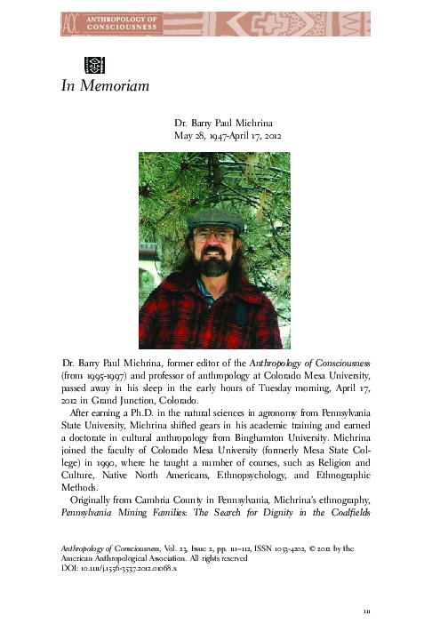 First page of “In Memoriam: Dr. Barry Paul Michrina,1947-2012”