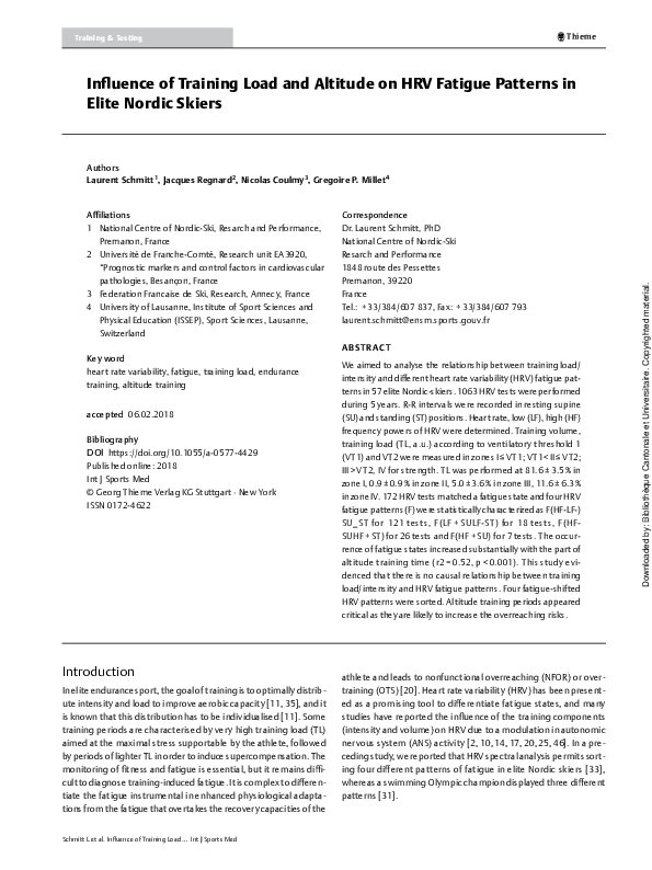 First page of “Influence of Training Load and Altitude on HRV Fatigue Patterns in Elite Nordic Skiers”