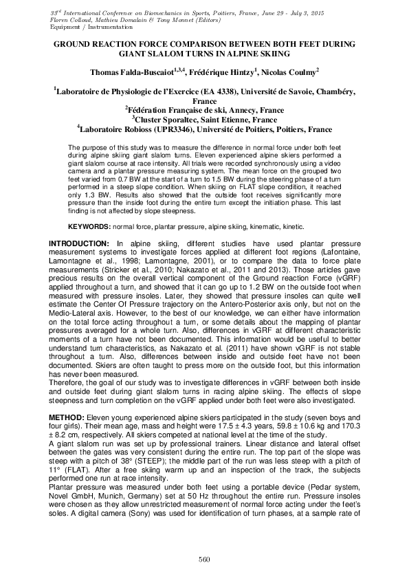 First page of “Ground Reaction Force Comparison Between Both Feet During Giant Slalom Turns in Alpine Skiing”