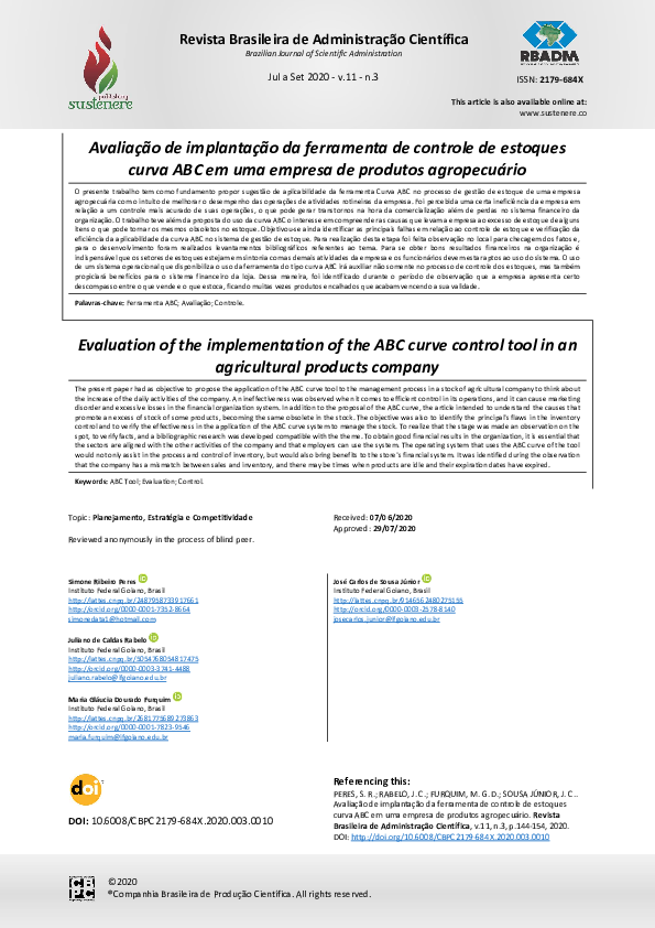 First page of “Avaliação de implantação da ferramenta de controle de estoques curva ABC em uma empresa de produtos agropecuário”