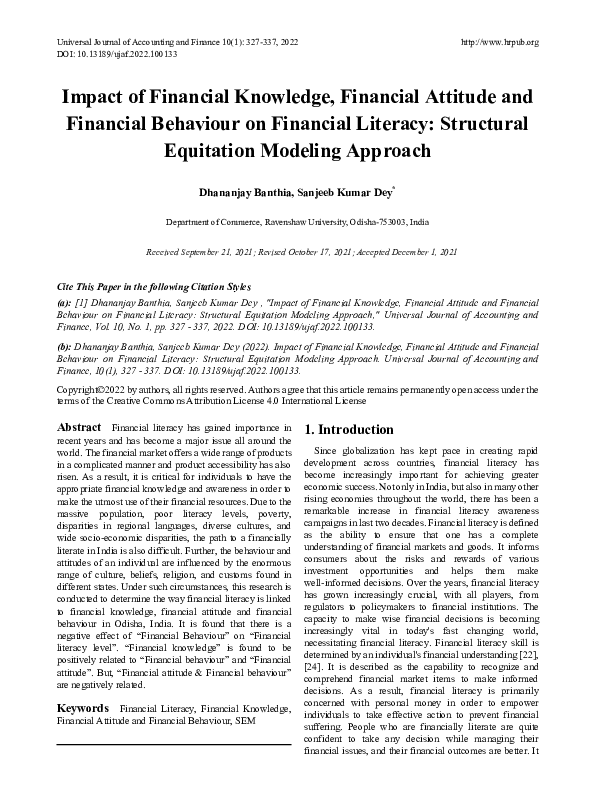 First page of “Impact of Financial Knowledge, Financial Attitude and Financial Behaviour on Financial Literacy: Structural Equitation Modeling Approach”