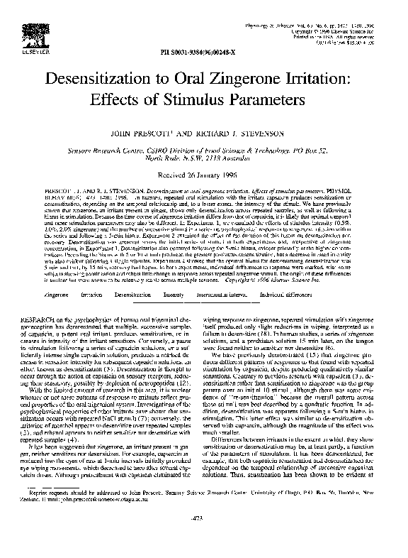 First page of “Desensitization to Oral Zingerone Irritation: Effects of Stimulus Parameters”