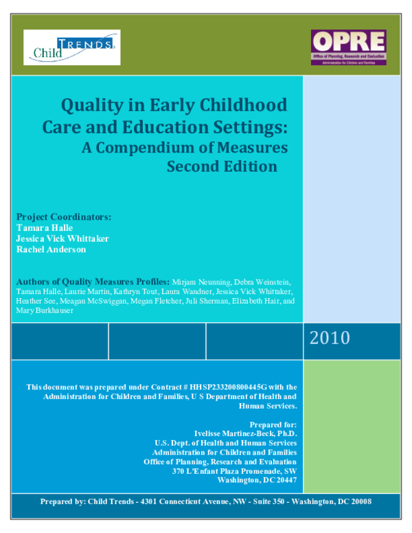 First page of “Quality in Early Childhood Care and Education Settings: A Compendium of Measures Second Edition Project Coordinators: Quality in Early Childhood Care and Education Settings: A Compendium of Measures Second Edition Project Coordinators”