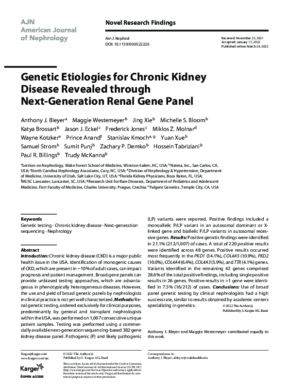 First page of “Genetic Etiologies for Chronic Kidney Disease Revealed through Next-Generation Renal Gene Panel”