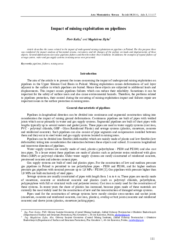 First page of “Impact of mining exploitation on pipelines”