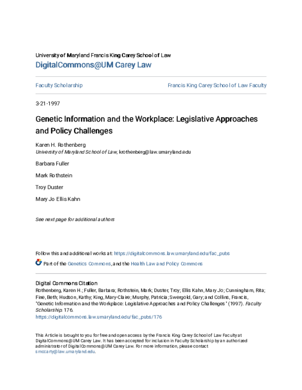 First page of “Genetic Information and the Workplace: Legislative Approaches and Policy Challenges”