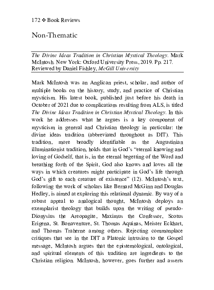 First page of “Review of: The Divine Ideas Tradition in Christian Mystical Theology by Mark McIntosh”