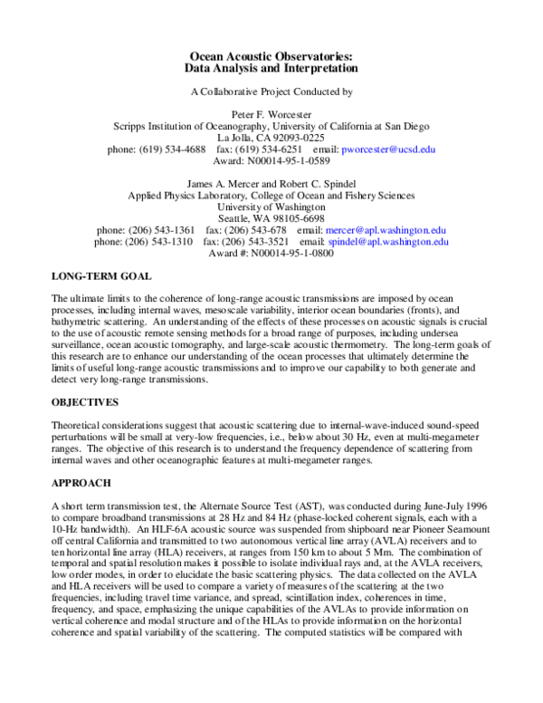 First page of “Ocean Acoustic Observatories: Data Analysis and Interpretation”