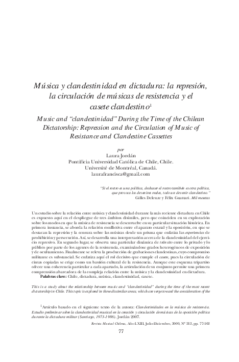 First page of “Música y clandestinidad en dictadura: la represión, la circulación de músicas de resistencia y el casete clandestino”