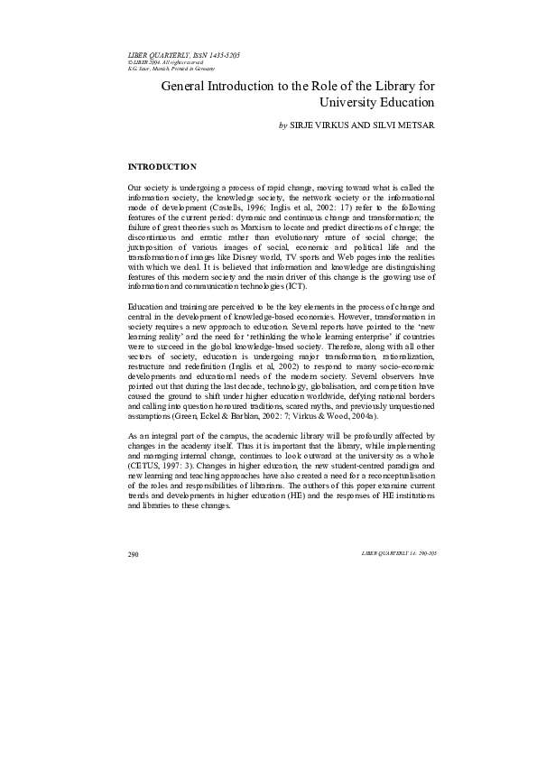 First page of “General Introduction to the Role of the Library for University Education”