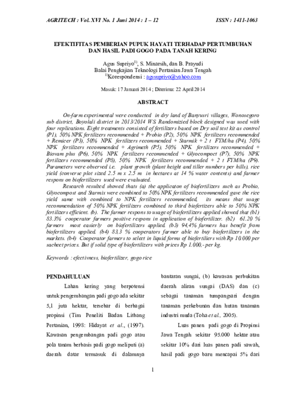 First page of “Efektifitas Pemberian Pupuk Hayati terhadap Pertumbuhan dan Hasil Padi Gogo pada Tanah Kering”