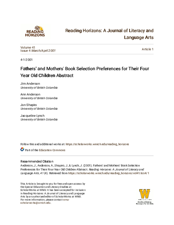 First page of “Fathers' and Mothers' Book Selection Preferences for Their Four Year Old Children Abstract”