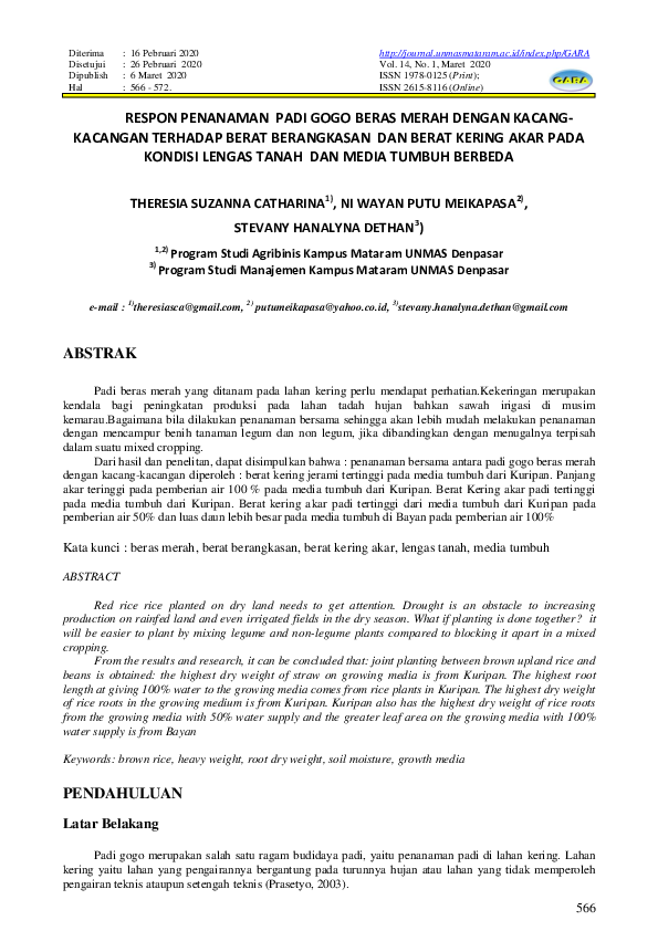 First page of “Respon Penanaman Padi Gogo Beras Merah Dengan Kacang-Kacangan Terhadap Berat Berangkasan Dan Berat Kering Akar Pada Kondisi Lengas Tanah Dan Media Tumbuh Berbeda”