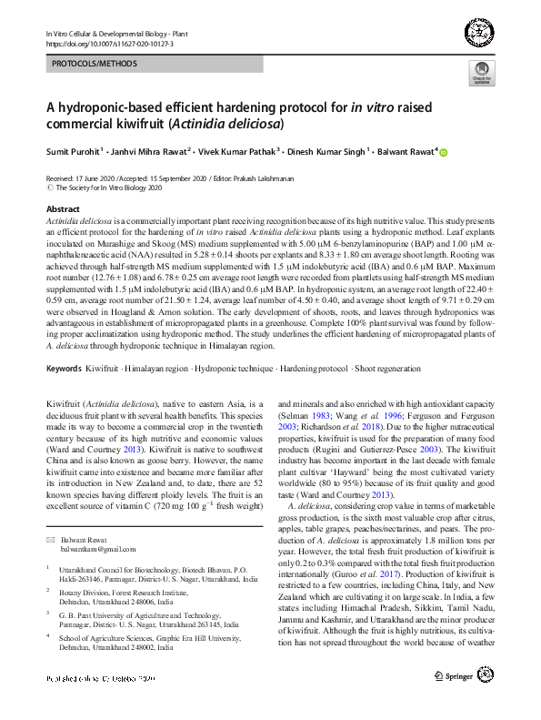 First page of “A hydroponic-based efficient hardening protocol for in vitro raised commercial kiwifruit (Actinidia deliciosa)”