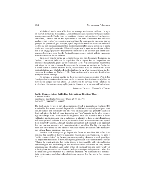 First page of “Realist Constructivism: Rethinking International Relations Theory, J. Samuel Barkin, Cambridge: Cambridge University Press, 2010, pp. 194”