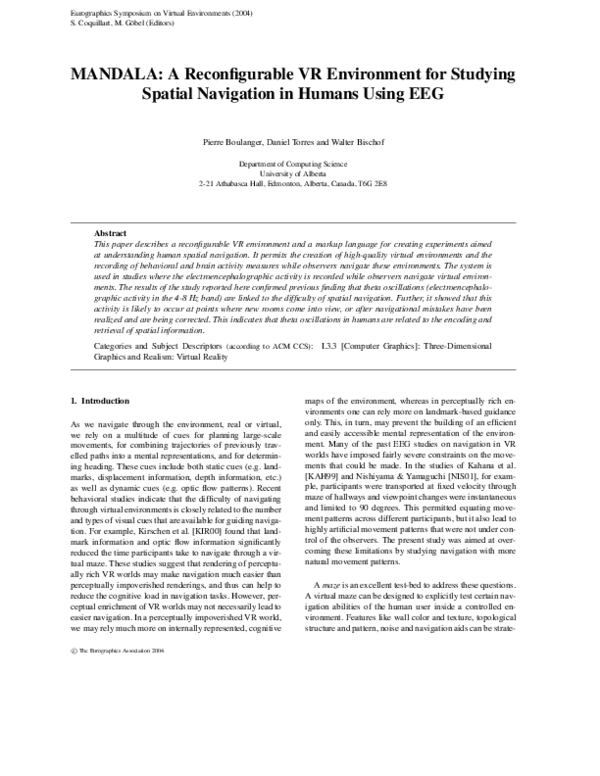 First page of “MANDALA: a reconfigurable VR environment for studying spatial navigation in humans using EEG”