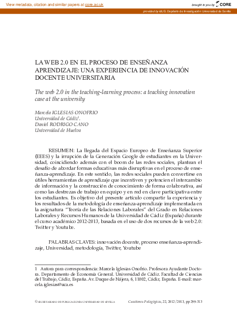 First page of “The web 2.0 in the teaching-learning process: a teaching innovation case at the university”