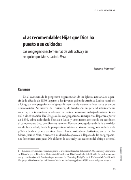 First page of ““‘Las recomendables Hijas que Dios ha puesto a su cuidado’ Las congregaciones femeninas de vida activa y su recepción por Mons. Jacinto Vera”. Soleriana, nº 44 (2022), pp. 53-77”