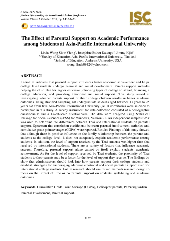 First page of “The Effect of Parental Support on Academic Performance among Students at Asia-Pacific International University”