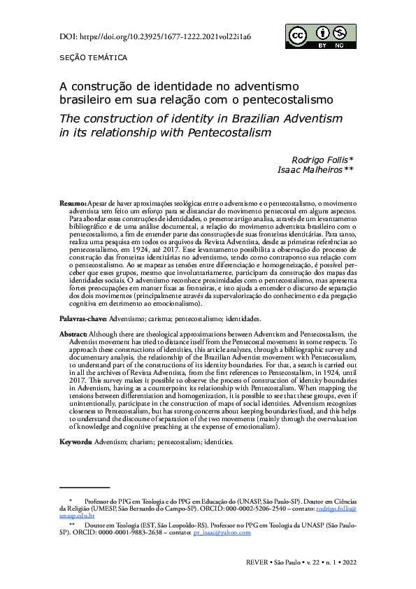 First page of “Construção De Identidade No Adventismo Brasileiro Em Sua Relação Com O Pentecostalismo”