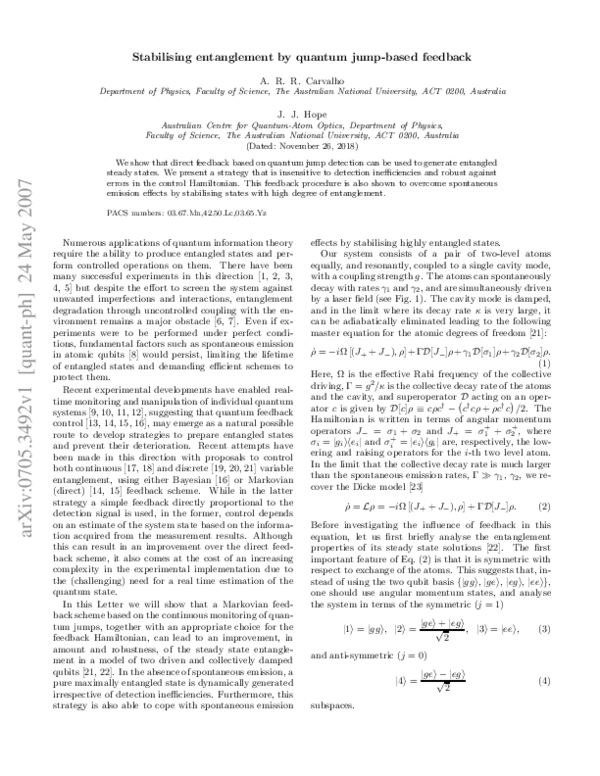 First page of “Stabilizing entanglement by quantum-jump-based feedback”