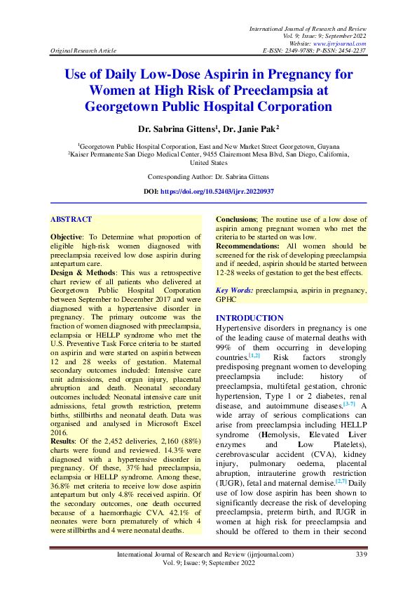 First page of “Use of Daily Low-Dose Aspirin in Pregnancy for Women at High Risk of Preeclampsia at Georgetown Public Hospital Corporation”