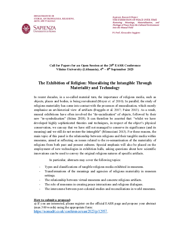 First page of “Call for Papers for an Open Session at the 20 th EASR Conference Vilnius University (Lithuania), 4 th -8 th: The Exhibition of Religion: Musealising the Intangible Through
Materiality and Technology”