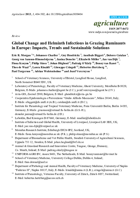 First page of “Global Change and Helminth Infections in Grazing Ruminants in Europe: Impacts, Trends and Sustainable Solutions”