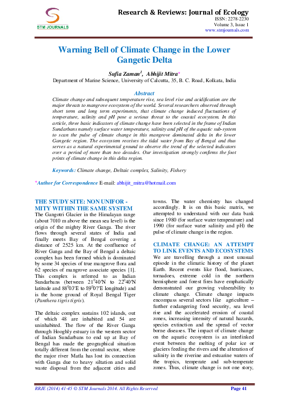 First page of “Warning Bell of Climate Change in the Lower Gangetic Delta”