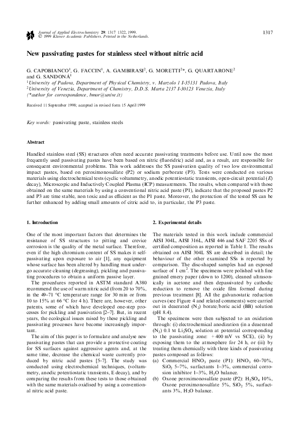 First page of “New passivating pastes for stainless steel without nitric acid”