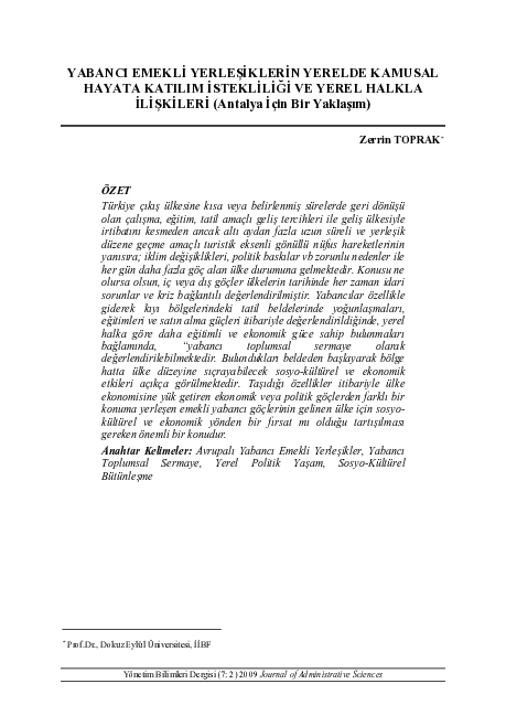 First page of “WILLINGNESS OF FOREIGN RETIRED RESIDENTS TO PARTICIPATE IN LOCAL PUBLIC LIFE AND RELATIONSHIP WITHIN THE LOCAL COMMUNITY; (Example of Antalya, Turkey)”