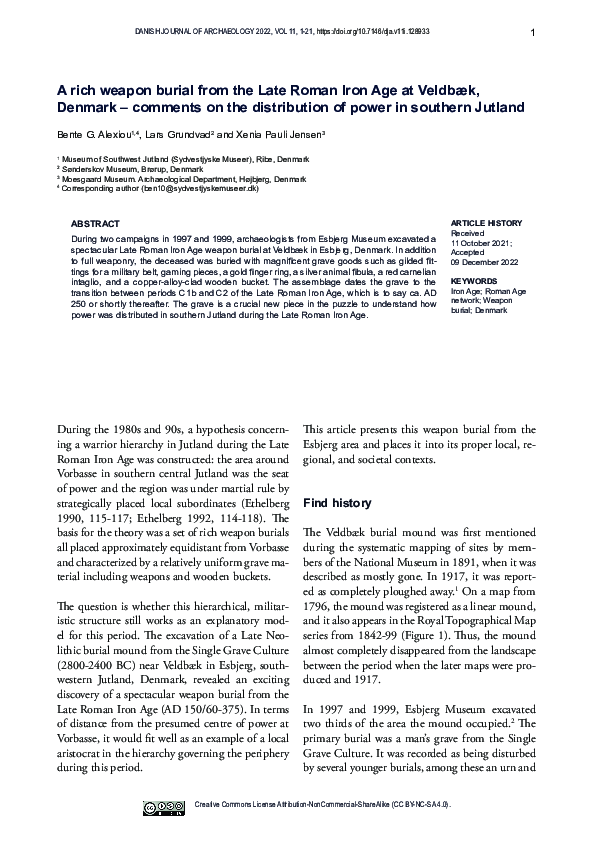 First page of “A Rich weapon burial from the Late Roman Iron Age at Veldbæk, Denmark- comments on the distribution of power in Southern Jutland”