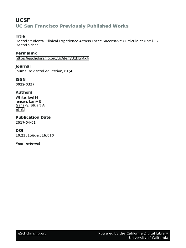 First page of “Dental Students' Clinical Experience Across Three Successive Curricula at One U.S. Dental School”