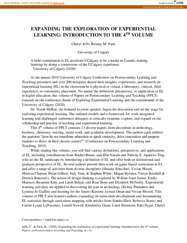 First page of “Expanding the Exploration of Experiential Learning: An Introduction to the 4th Volume”