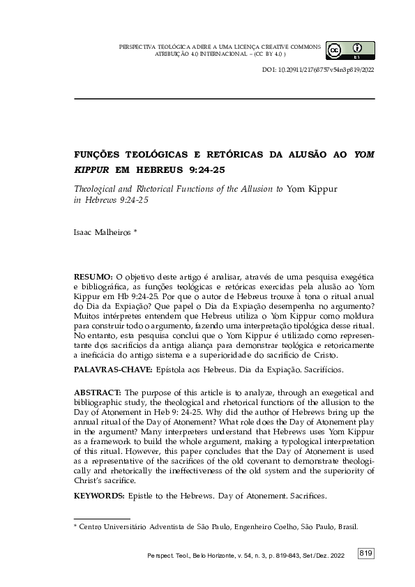 First page of “FUNÇÕES TEOLÓGICAS E RETÓRICAS DA ALUSÃO AO YOM KIPPUR EM HEBREUS 9:24-25”