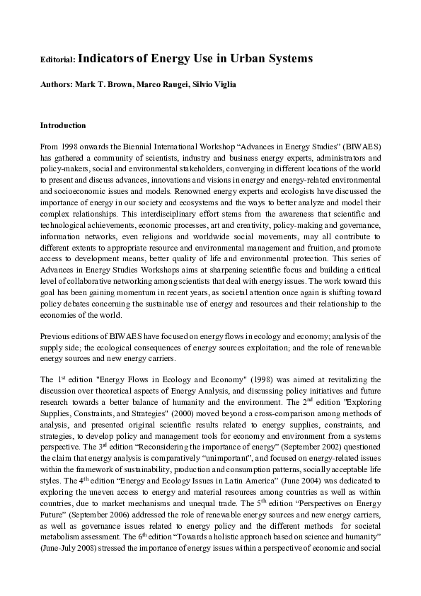 First page of “Editorial: Indicators of Energy Use in Urban Systems”