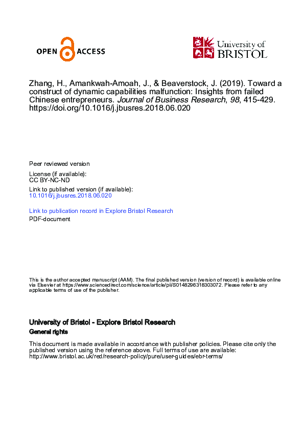 First page of “Toward a construct of dynamic capabilities malfunction: Insights from failed Chinese entrepreneurs”