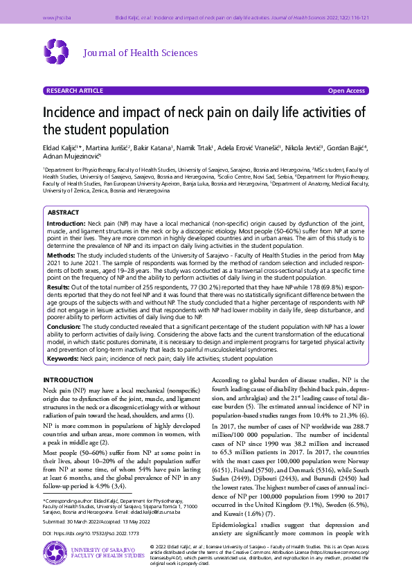 First page of “Incidence and impact of neck pain on daily life activities of the student population”