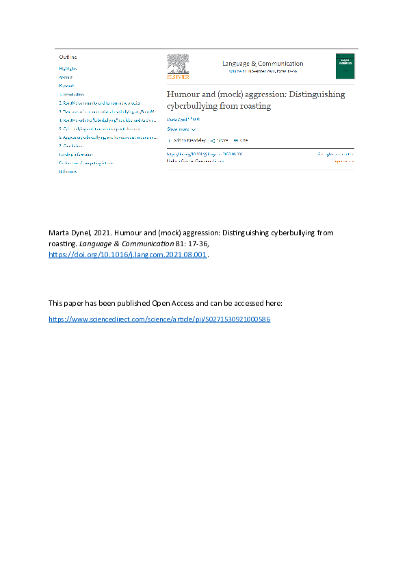 First page of “Humour and (mock) aggression: Distinguishing cyberbullying from roasting.”