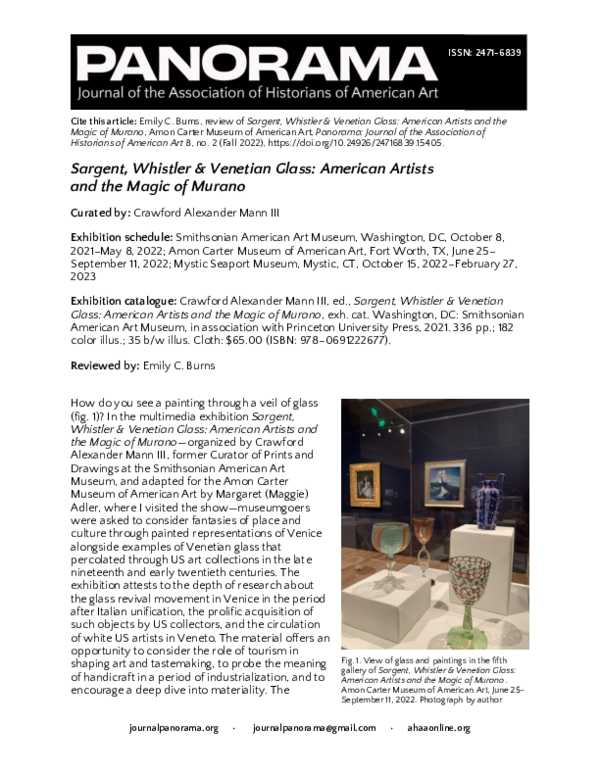 First page of “Review of "Sargent, Whistler & Venetian Glass: American Artists and the Magic of Murano" curated by Crawford Alexander Mann, III and installed at the Amon Carter Museum of American Art”